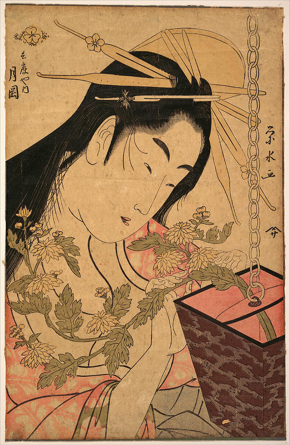 The Courtesan Tsukioka of Hyogoya Drawing by Ichirakutei Eisui