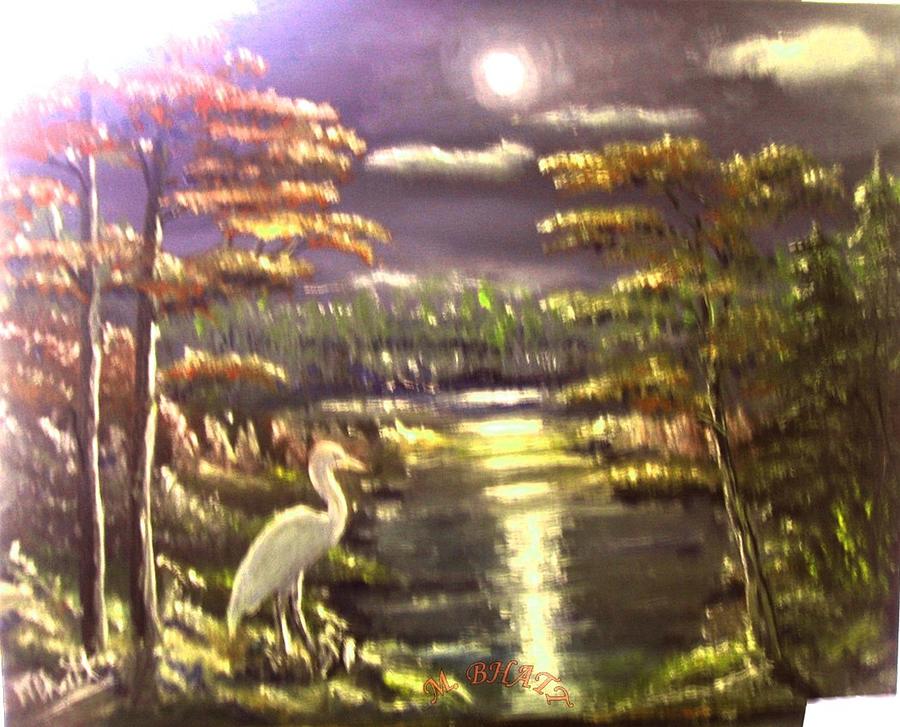 Bird Painting - The crane in the moon by M Bhatt