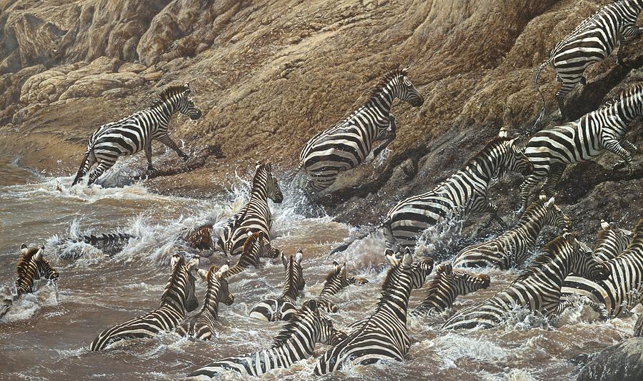 The Crossing - Zebra Migration Painting by Alan M Hunt