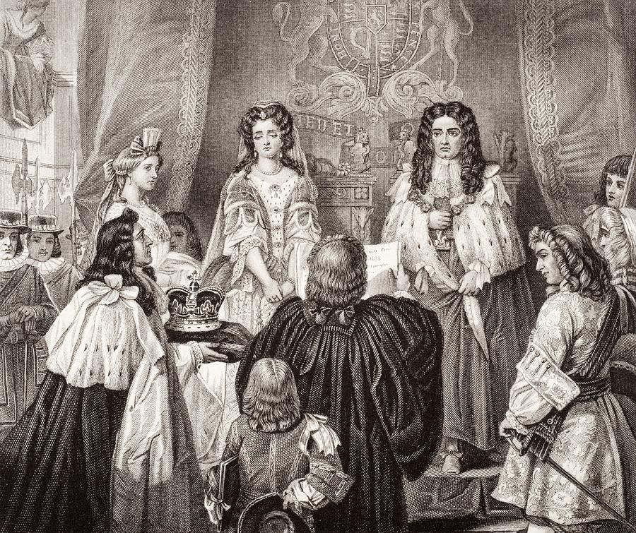 Black And White Drawing - The Crown Offered To William And Mary by Vintage Design Pics