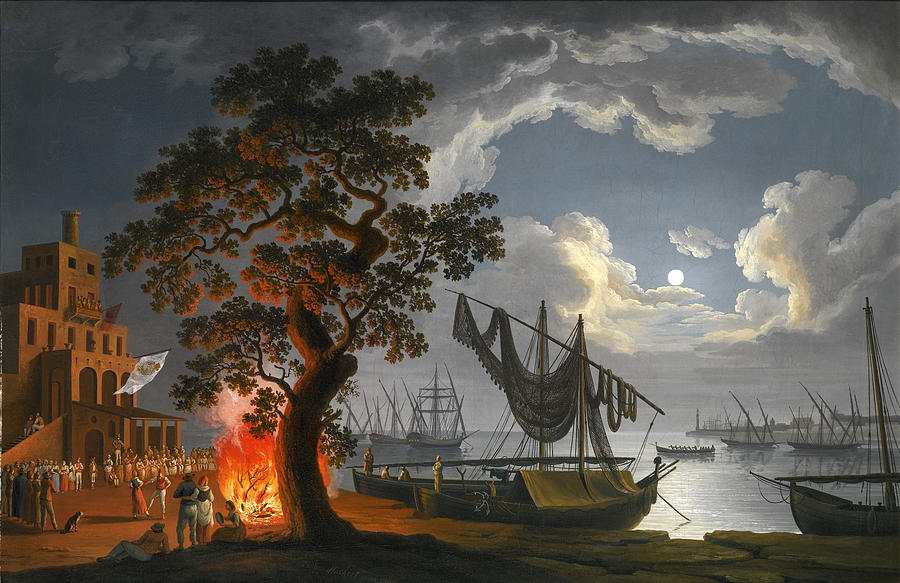 Landscape Painting - The Customs House Naples by Moonlight with Dancers and Musicians by a Fire by Jacob Philipp Hackert
