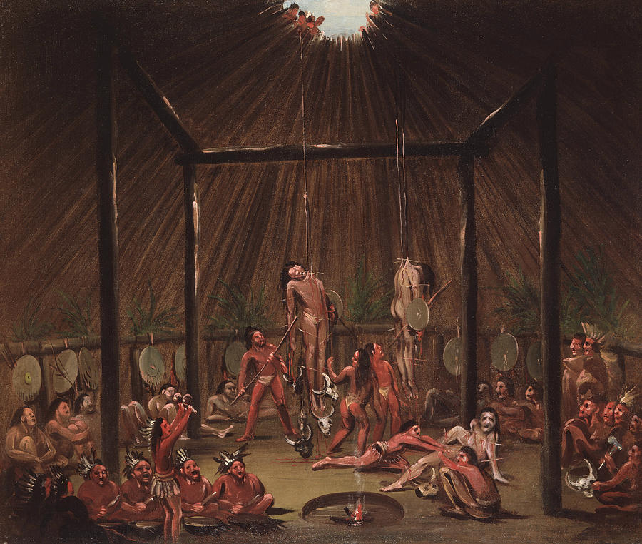 The Cutting Scene, Mandan O-kee-pa Ceremony Painting by George Catlin