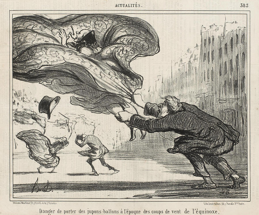 The danger of wearing hoop-skirts Drawing by Honore Daumier