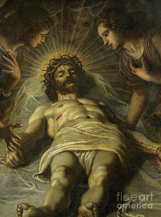 Tintoretto Painting - The Dead Christ with Two Angels by Jacopo Robusti Tintoretto
