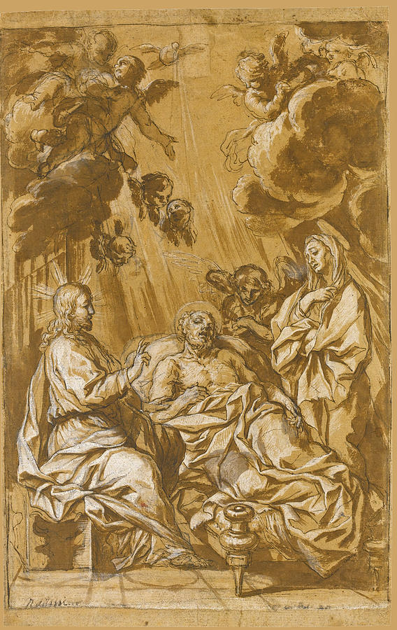 The Death of Saint Joseph with Christ blessing and the Sorrowing Virgin and Angels Drawing by Giuseppe Nicola Nasini