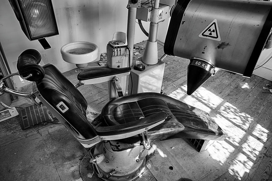 The dentist chair - abandoned buildings BW Photograph by Dirk Ercken