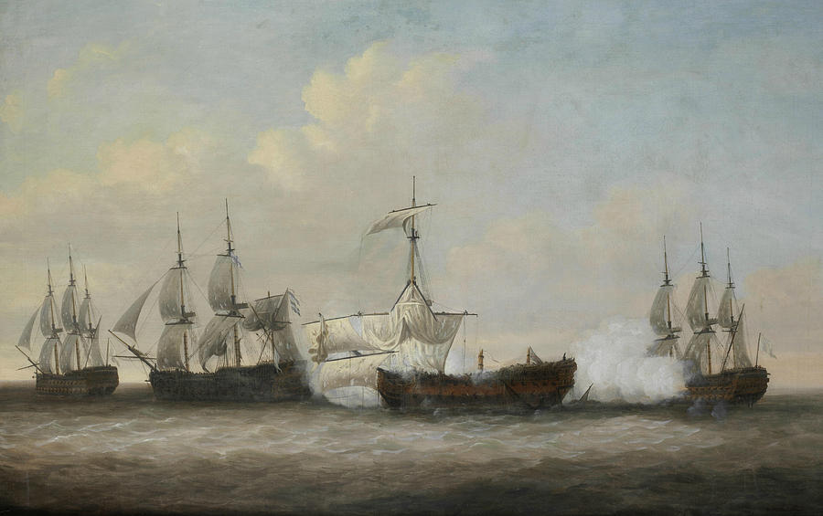 The desperate plight of the Monmouth at the close of the action with three French ships  Painting by Dominic Serres