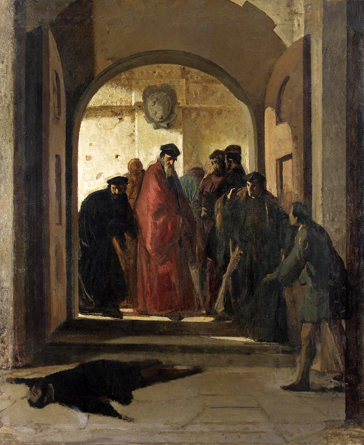 The discovery of the corpse of lorenzino de medici.  The conspiracy Painting by Cristiano Banti