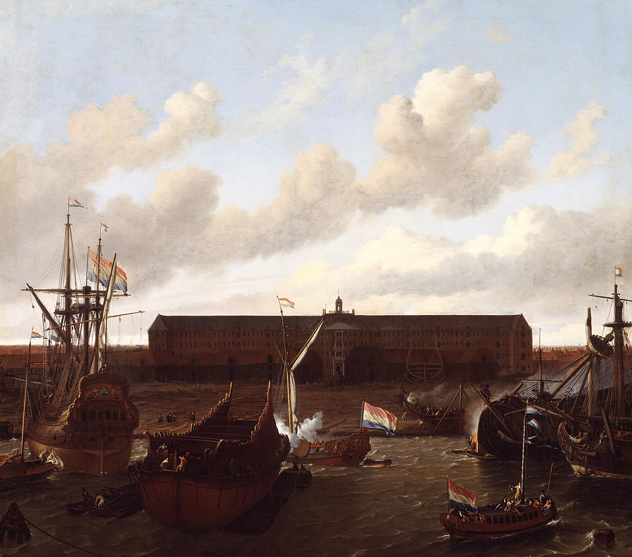The Dock of the Dutch East India Company at Amsterdam Painting by Ludolf Bakhuizen
