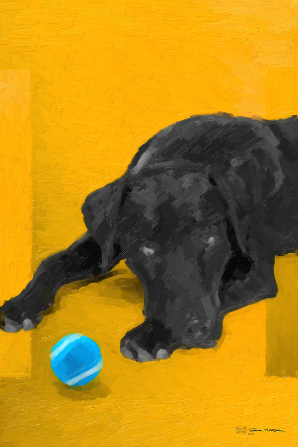 The Dog Park - Black Labrador Retriever over Yellow Canvas Digital Art by Serge Averbukh