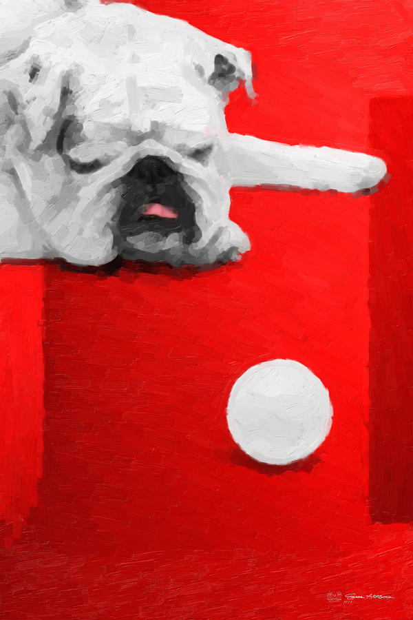 The Dog Park - White English Bulldog over Red Canvas Digital Art by Serge Averbukh