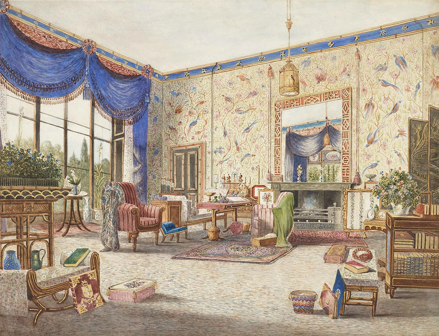 The Drawing Room at Middleton Park, Oxfordshire Drawing by William Alfred Delamotte