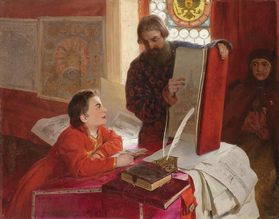 The Dyak Zotov instructing the Tsarevich Petr Alexeevich in his Letters Painting by Klavdi Vasilievich Lebedev