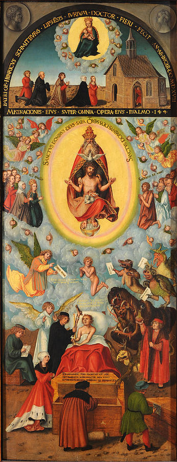 The dying man beneath the Trinity above the bereaved family pray for his souls salvation Painting by Lucas Cranach the Elder