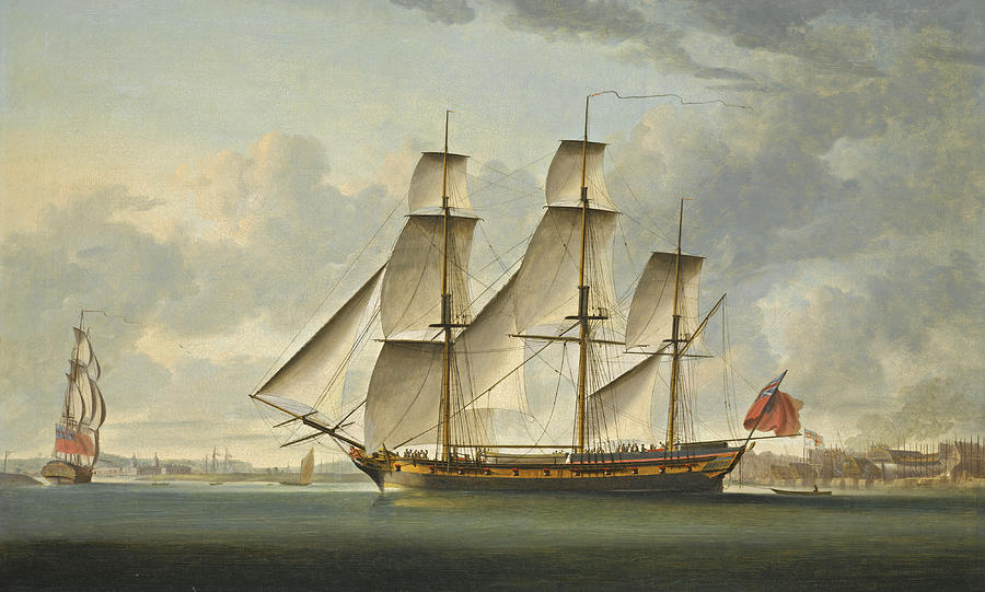 The East Indiaman Delaford in two positions passing Deptford the Royal Hospital at Greenwich beyond Painting by Robert Dodd