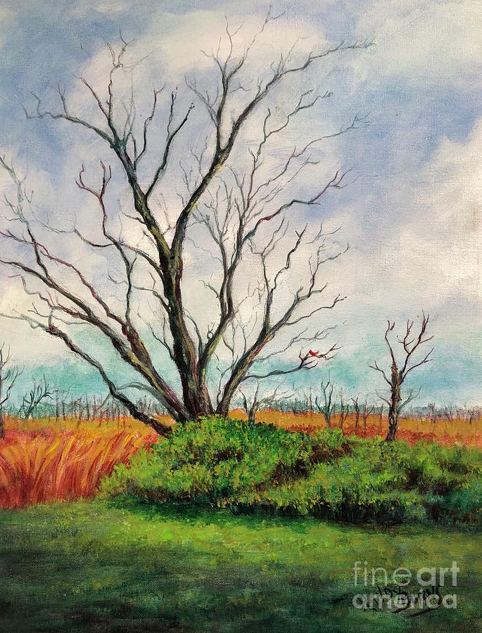 The Elm and The Red bird Painting by Rand Burns