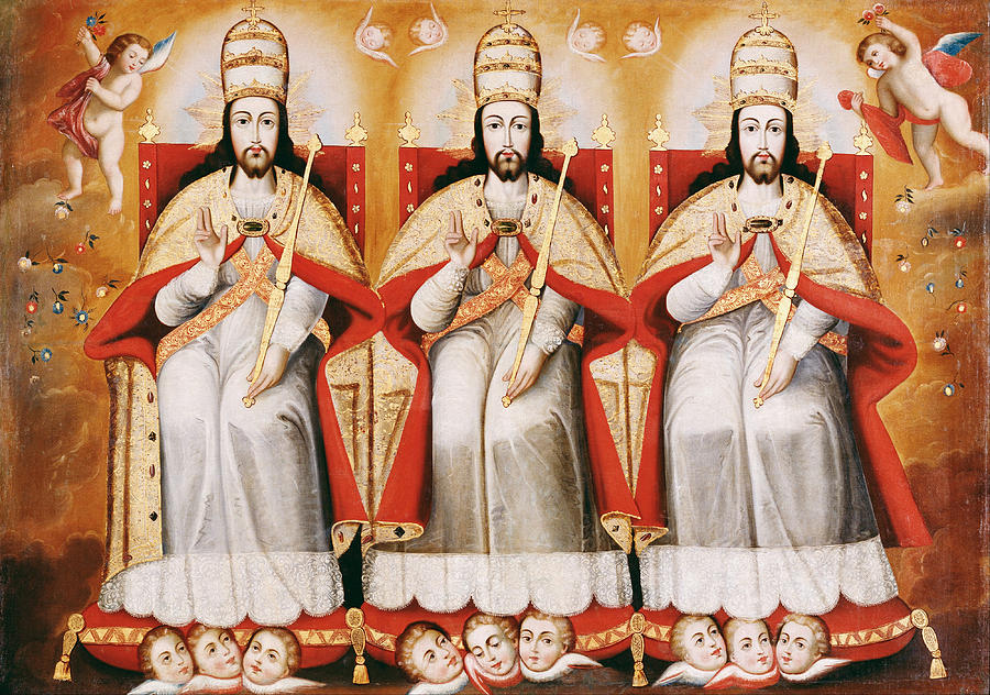 The Enthroned Trinity as Three Identical Figures Painting by Cuzco School