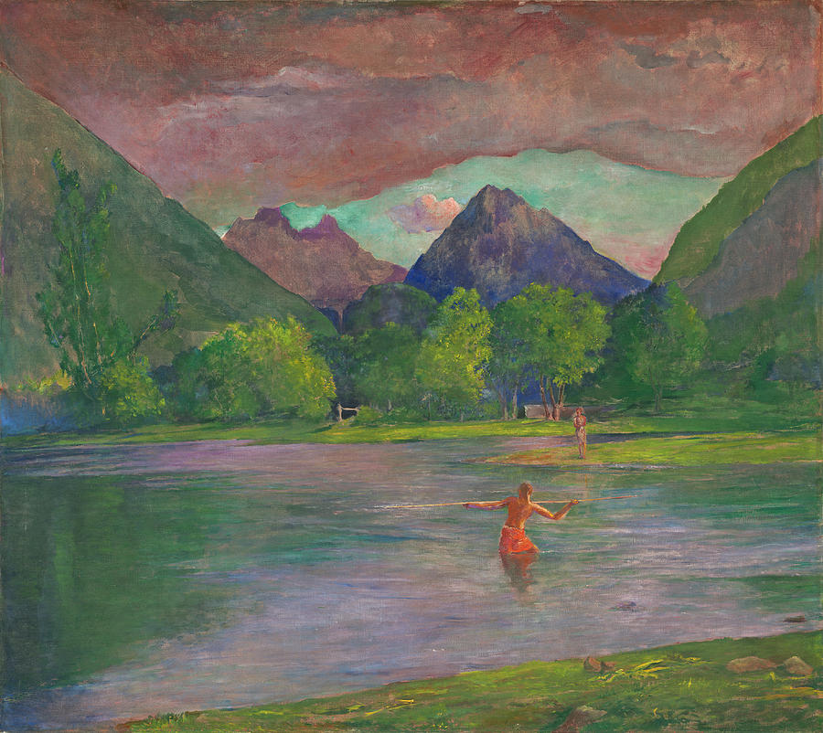 The Entrance to the Tautira River Tahiti. Fisherman Spearing a Fish  Painting by John LaFarge