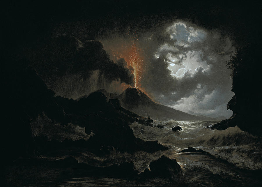 The Eruption of Vesuvius at Night Painting by Joseph Rebell