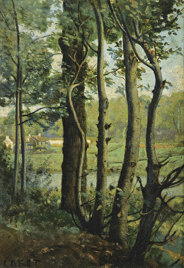 The Evaux near Chateau-Thierry a Path bordered by Trees Painting by Jean-Baptiste-Camille Corot