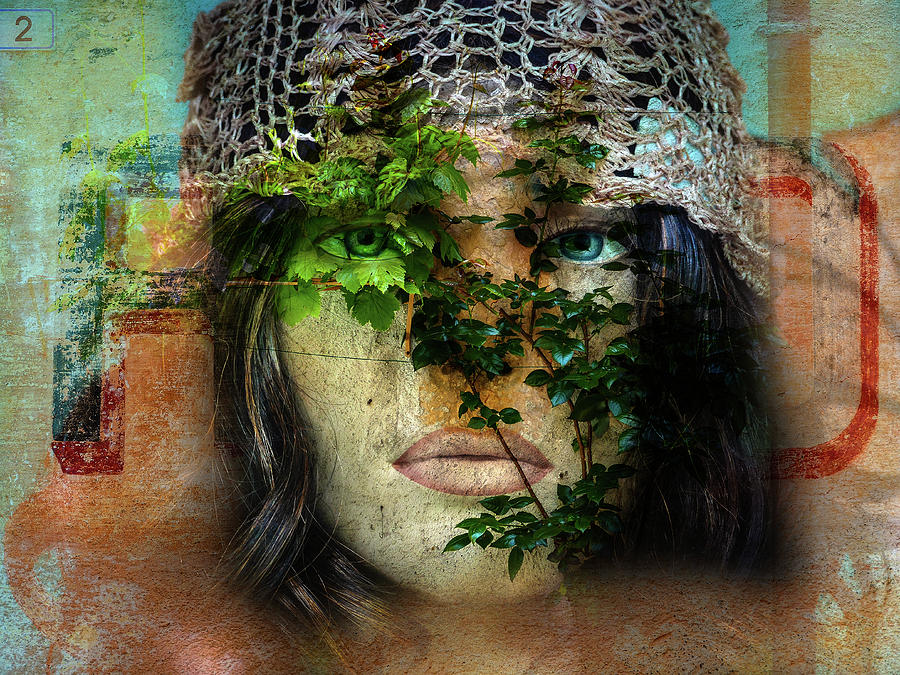 The face with the green leaves Digital Art by Gabi Hampe