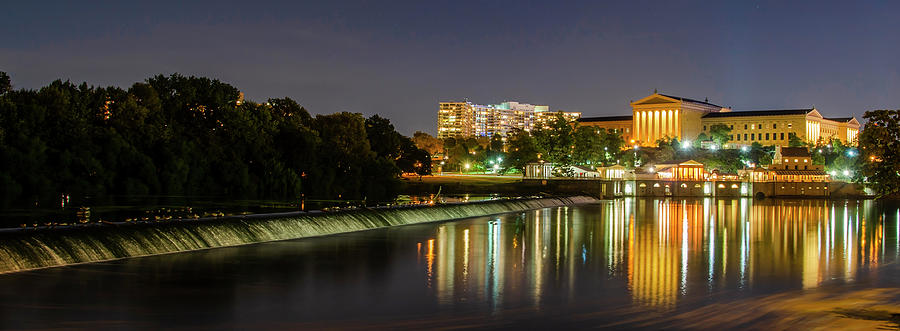 The Fairmount Dam and Art Museum at Night Panorama Photograph by Bill Cannon