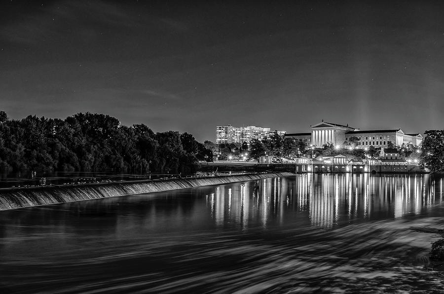 The Fairmount Dam and Art Museum - Black and White at Night Photograph by Bill Cannon