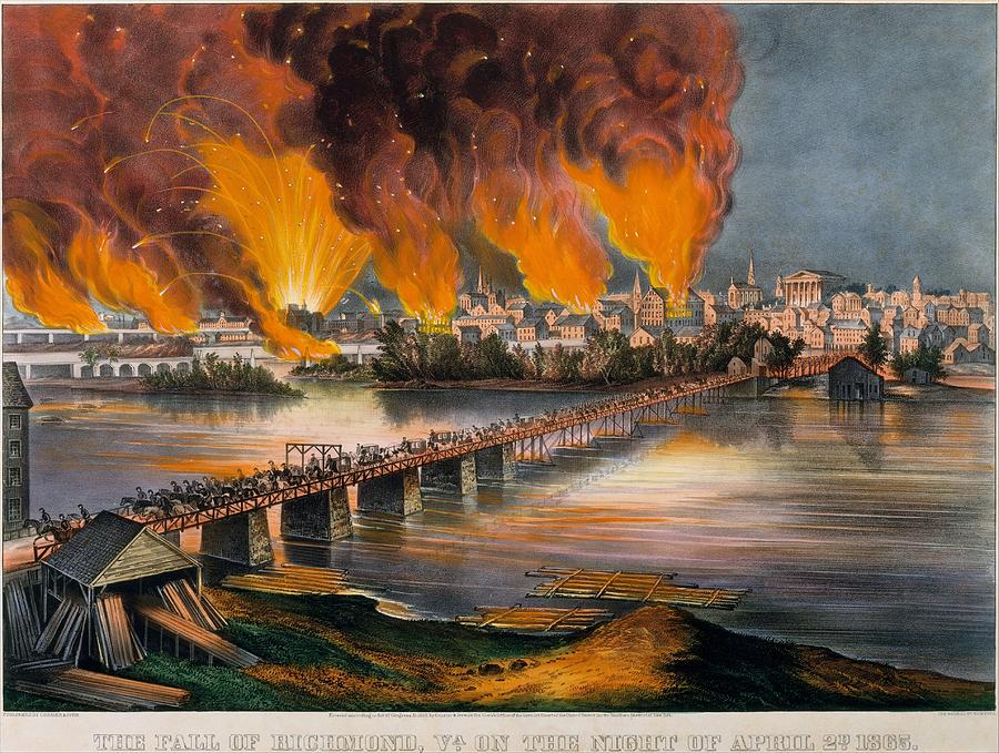 The Fall of Richmond, Virginia on the Night of April 2nd, 1865 , Currier  Ives American, active Ne Painting by Celestial Images