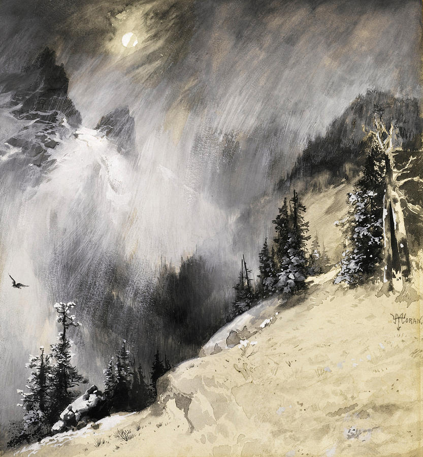 The falling flakes mountain scene. Yosemite a mountain snowfall Painting by Thomas Moran