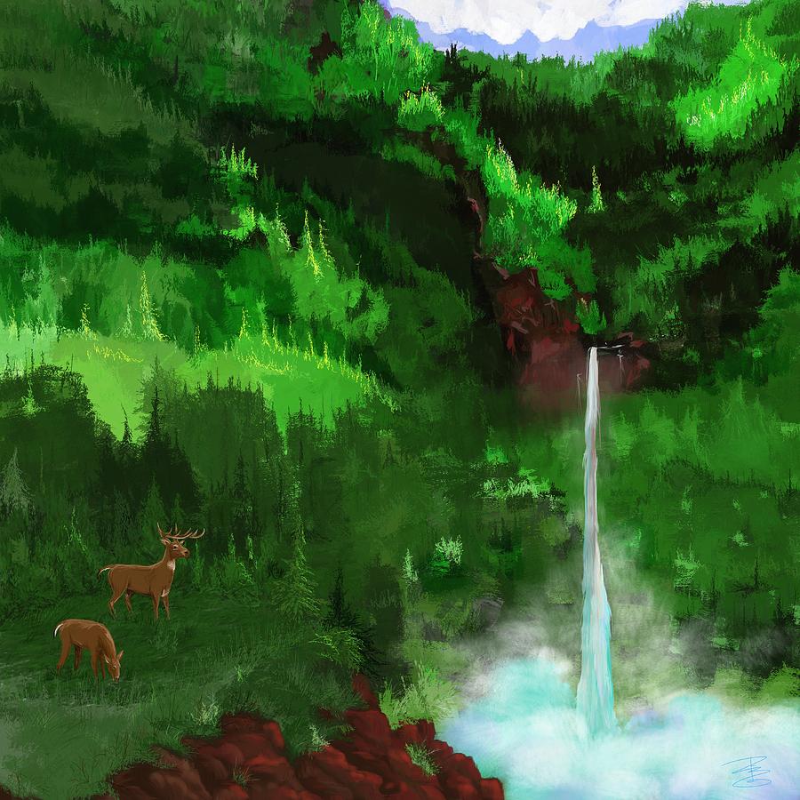 The Falls with deer Digital Art by Debra Baldwin