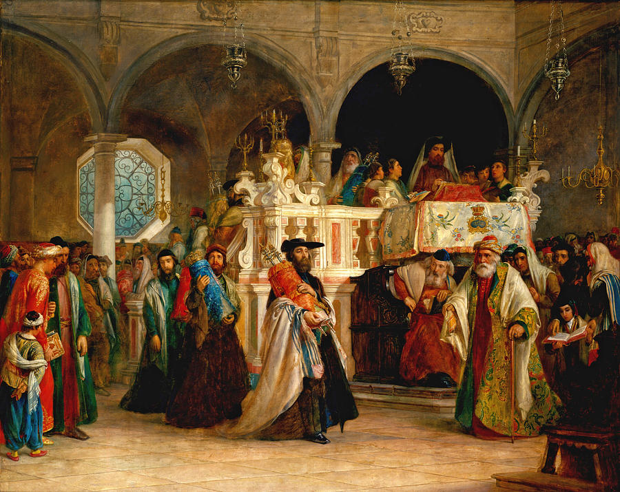 The Feast of the Rejoicing of the Law at the Synagogue in Leghorn. Italy Painting by Solomon Alexander Hart