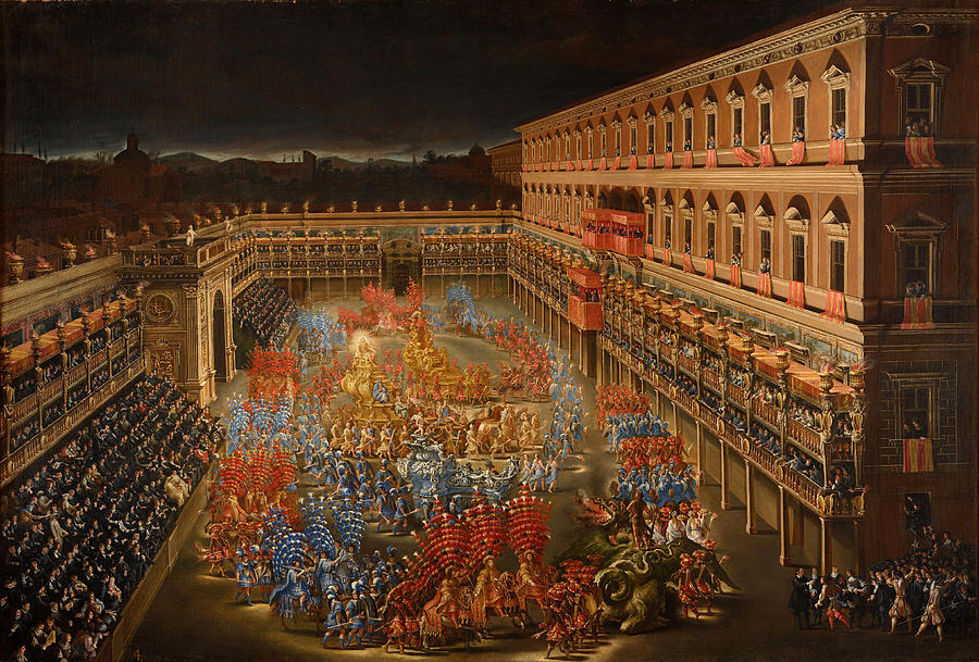 The Festivities in Honor of Queen Christina of Sweden in the Cortyard of Palazzo Barberini Painting by Filippo Gagliardi and Filippo Lauri