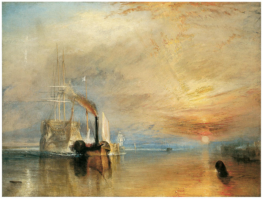 J M W Turner Painting - The Fighting Temeraire tugged to her last berth by J M W Turner