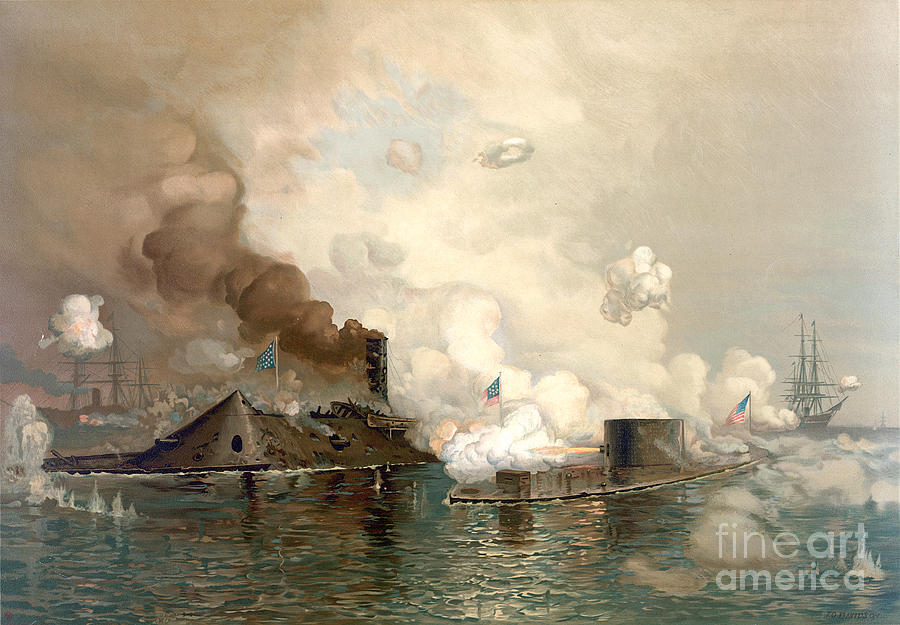 The First Fight Between Ironclads Painting by Celestial Images
