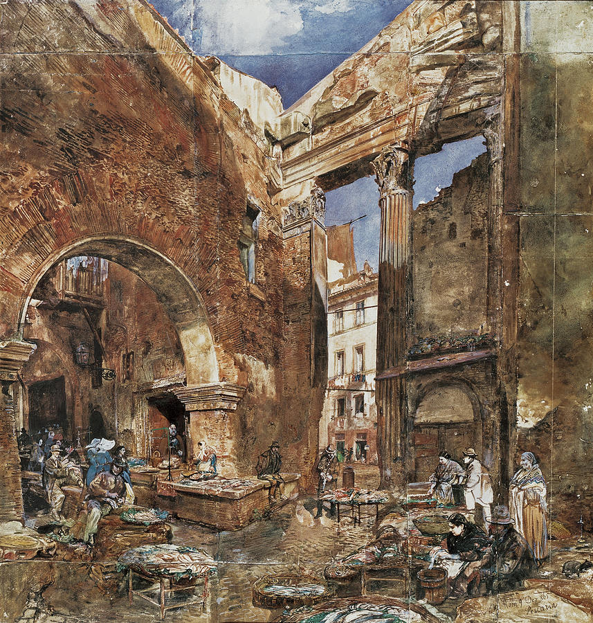 The fish market of Rome Drawing by Rudolf von Alt