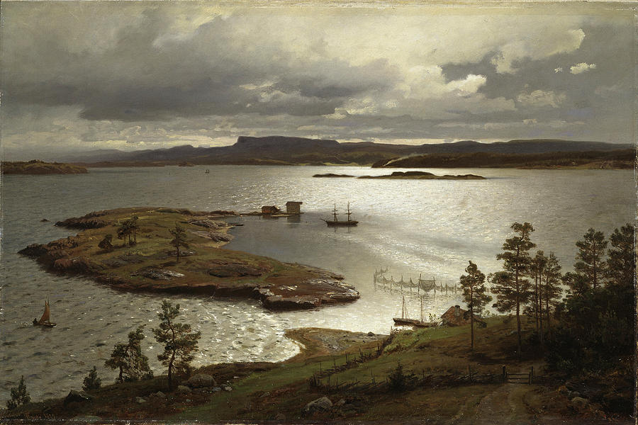 Hans Fredrik Gude Painting - The Fjord at Sandviken by Hans Fredrik Gude