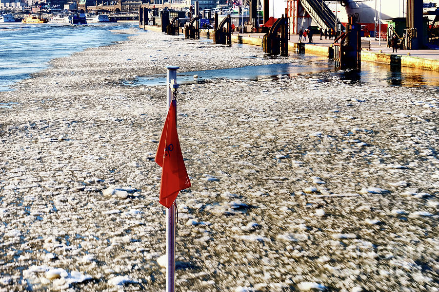 The flag of the ferry.Ice Photograph by Marina Usmanskaya