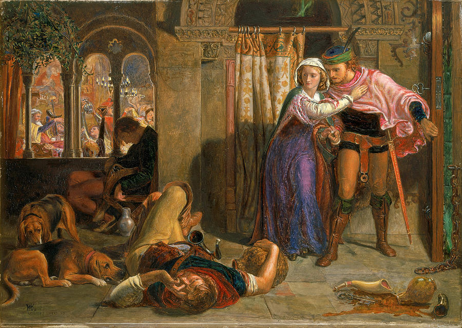 The flight of Madeline and Porphyro during the drunkenness attending the revelry Painting by William Holman Hunt