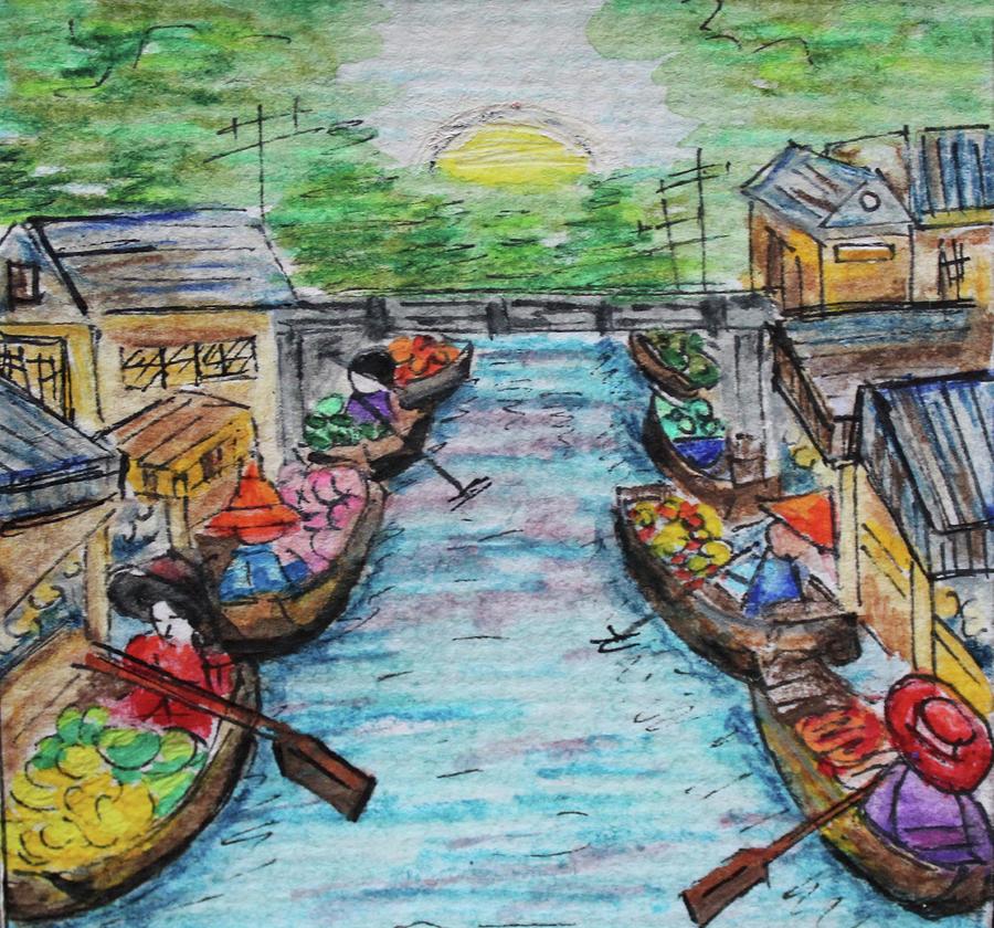 Watercolor Painting - The Floating Market by Art By Naturallic