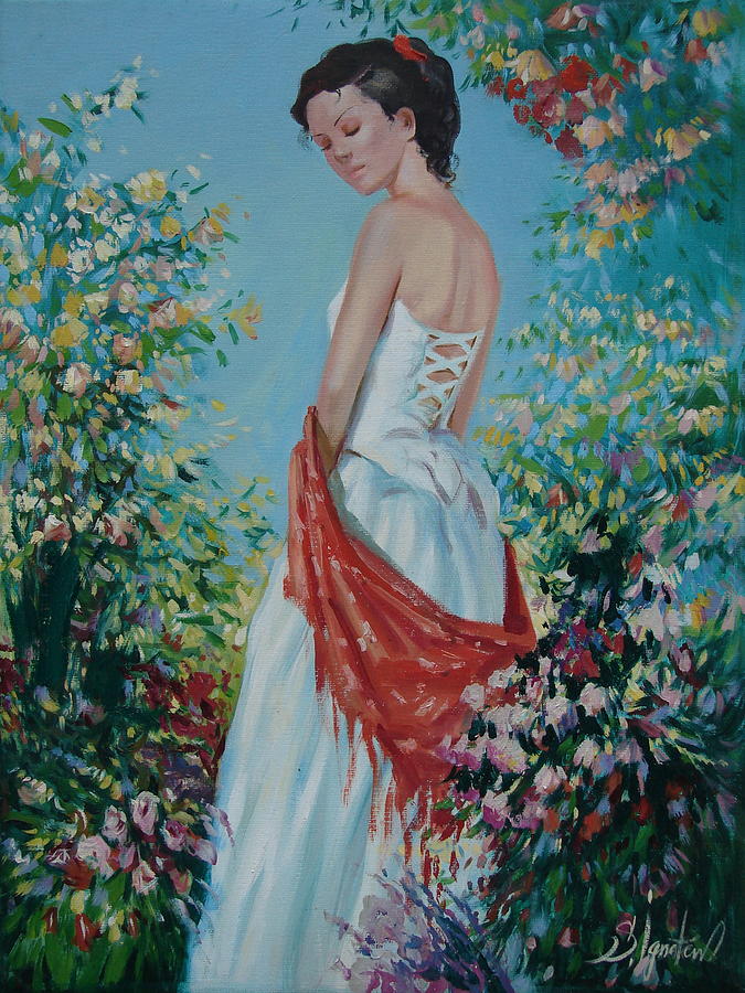 The florist in a red kerchief Painting by Sergey Ignatenko