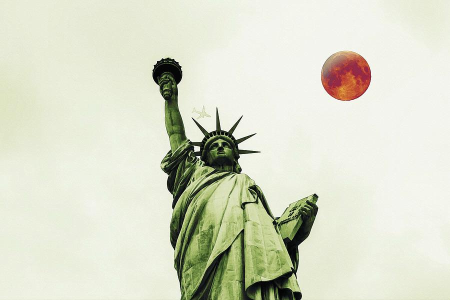The Fool Blood Moon and The Lady Liberty Painting by Celestial Images