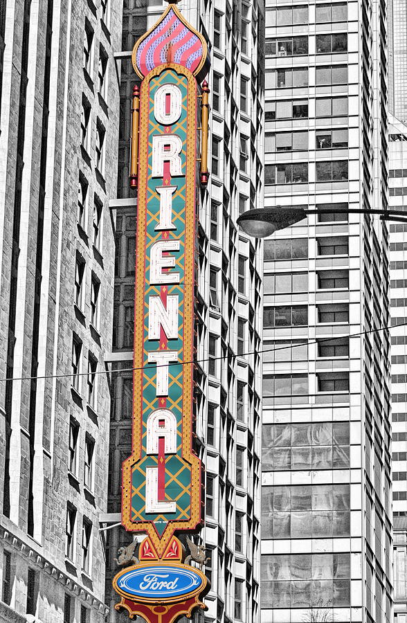 The Ford Theater Marquee Sign Chicago Selective Coloring Photograph by Colleen Cornelius