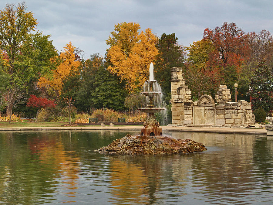 The Fountain and Ruins of Tower Grove Park in Autumn Photograph by Greg