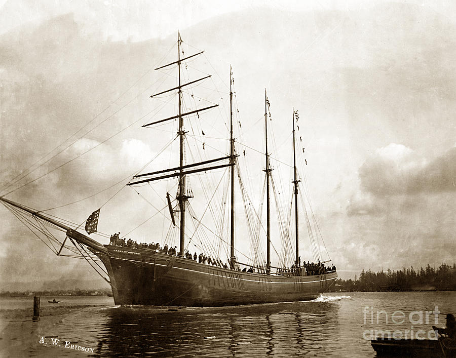 Humboldt Bay Photograph - The four-masted barkentine  Jane Stanford built by Hans Bendixse 1892 by Monterey County Historical Society