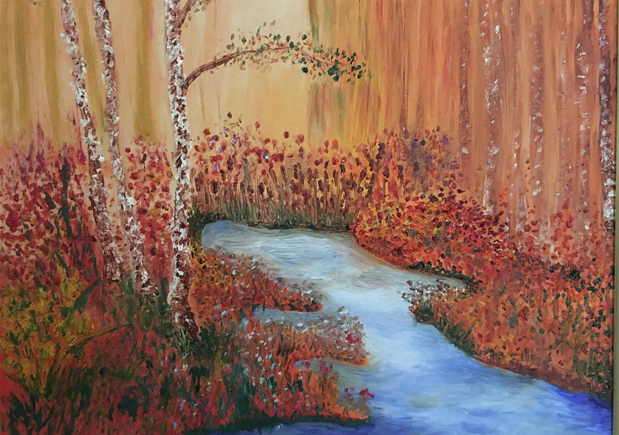 The Four Seasons of the 3 Birch Trees - Fall Painting by Susan Grunin
