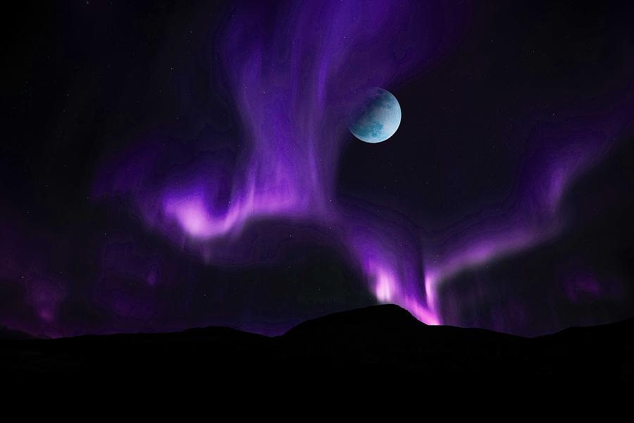 The Full Pink Moon over purple northern lights Digital Art by Celestial Images