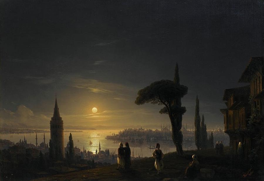 The Galata Tower by Moonlight #1 Painting by Ivan Konstantinovich Aivazovsky