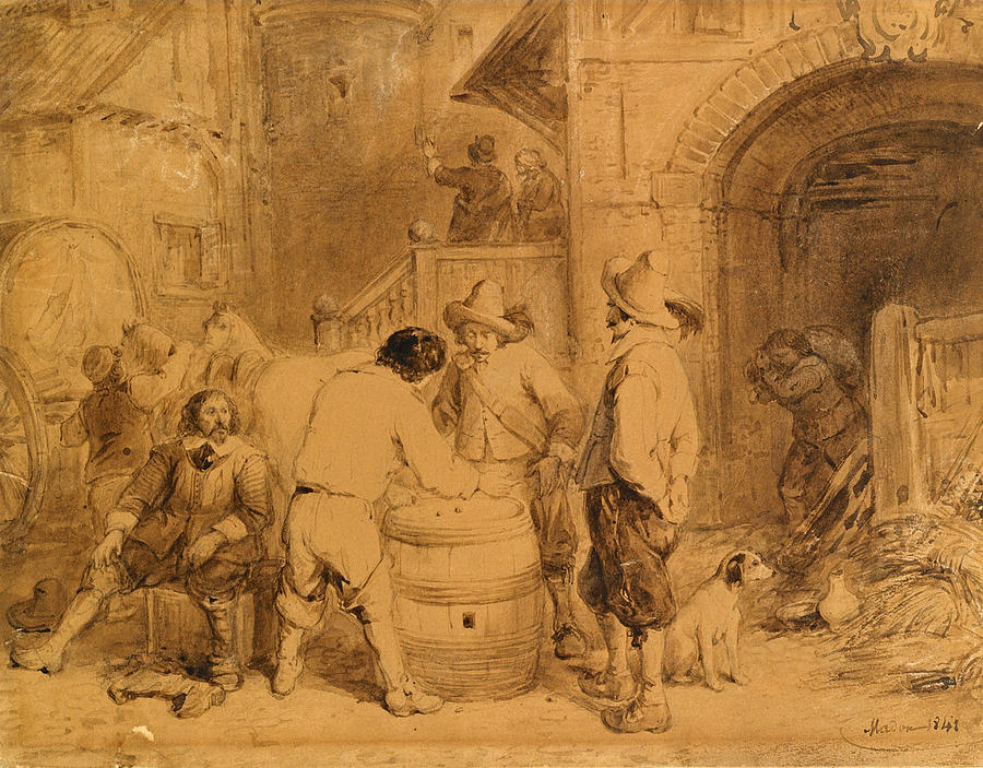 The Gamblers Drawing by Jean Baptiste Madou