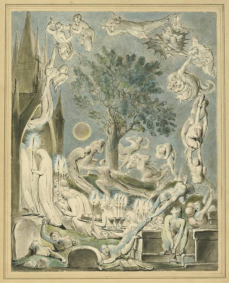 The Gambols of Ghosts according with their affections previous to the final judgement Drawing by William Blake