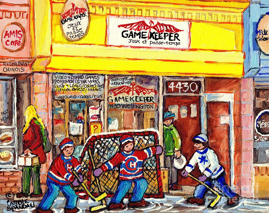 The Gamekeeper Verdun Montreal Art Shops And Store Front Painting Hockey Goalie Scene Carole Spandau Painting by Carole Spandau